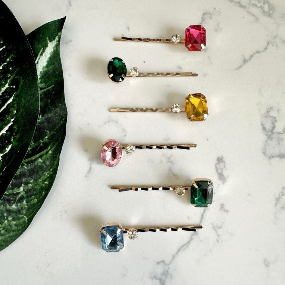 Colorful Rhinestone Gold Bobby Pin 6 pc Oval Rectangle Clip Hair Accessory NEW
